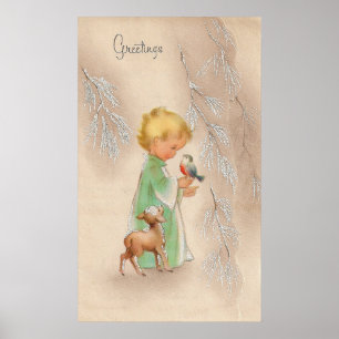 Vintage kerstkind en hertenfeestdag poster