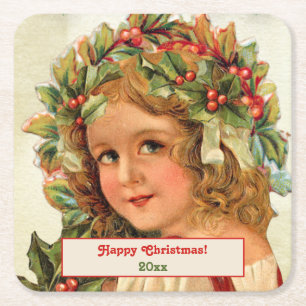 Vintage Kerstkind Holly lekt in haar haar haar haa Kartonnen Onderzetters