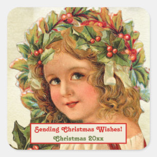 Vintage Kerstkind Holly lekt in haar haar haar haa Vierkante Sticker