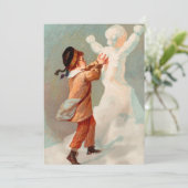 Vintage Kerstkind maakt Snowman Feestdagenkaart (Staand voorkant)