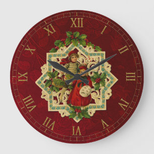 Vintage kerstkinderen Achtergrond rode Floral Grote Klok