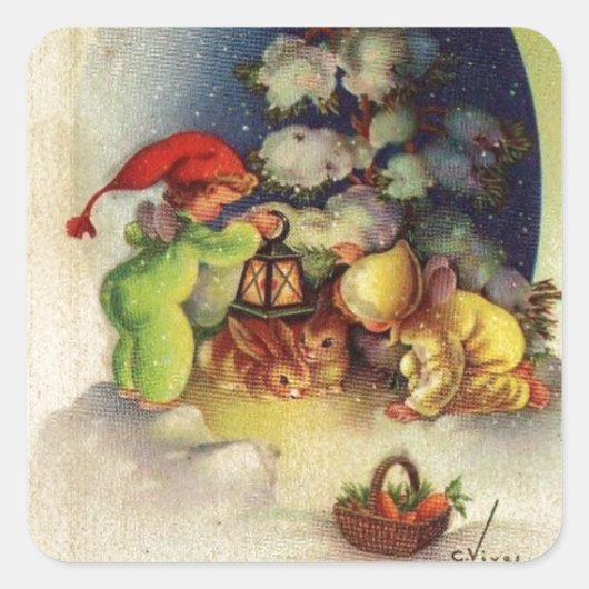 Vintage kerstkinderen die Bunnies eten Vierkante Sticker (Voorkant)