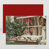 Vintage kerstkinderen die vogels zien feestdagenkaart (Voorkant / Achterkant)