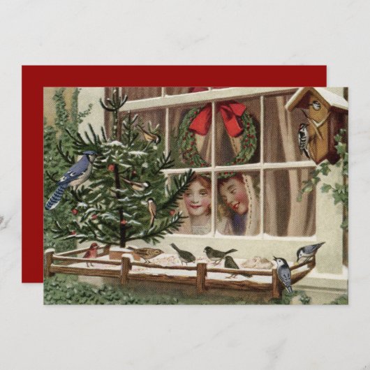 Vintage kerstkinderen die vogels zien feestdagenkaart (Voorkant / Achterkant)