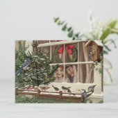 Vintage kerstkinderen die vogels zien feestdagenkaart (Staand voorkant)