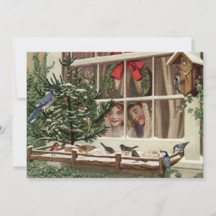 Vintage kerstkinderen die vogels zien feestdagenkaart