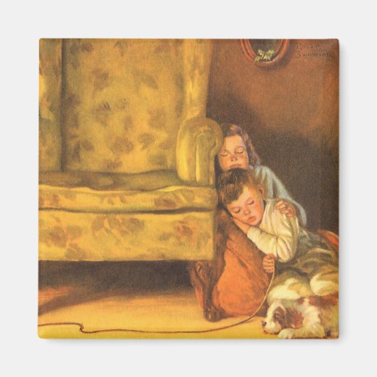 Vintage kerstkinderen die wachten op kerstmis magneet (Voorkant)