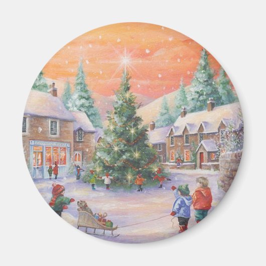 Vintage kerstkinderen in de sneeuw magneet (Voorkant)