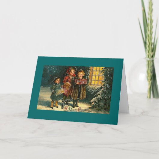 Vintage kerstkinderen met carolzangers feestdagen kaart (Voorkant)