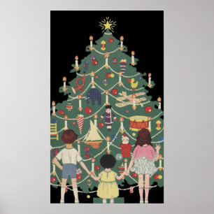Vintage kerstkinderen rond een gedecorreerde boom poster