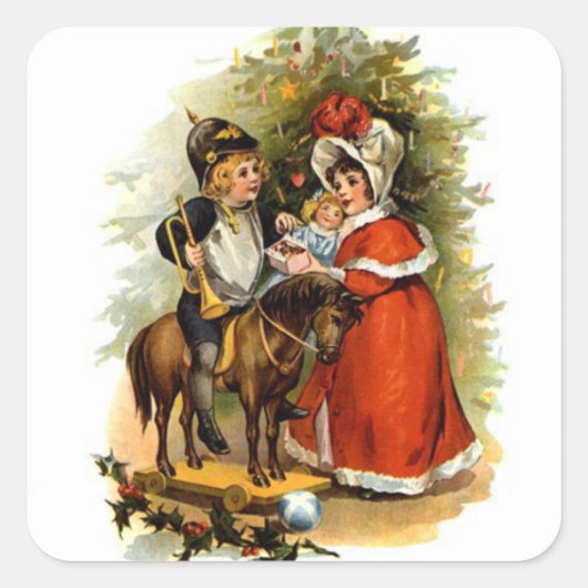Vintage kerstkinderen vierkante sticker (Voorkant)