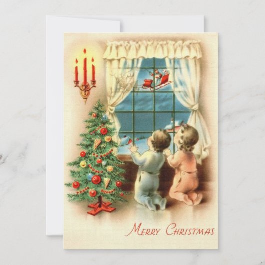 Vintage kerstkinderen zien de kerstman feestdagenkaart (Voorkant)