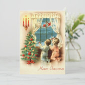 Vintage kerstkinderen zien de kerstman feestdagenkaart (Staand voorkant)