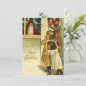 Vintage kerstkinderen zien kerstman feestdagenkaart (Staand voorkant)