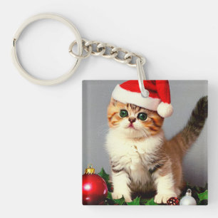 Vintage Kerstkitten in Santa Hat Sleutelhanger