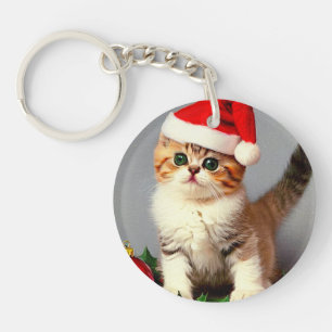Vintage Kerstkitten in Santa Hat Sleutelhanger