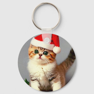 Vintage Kerstkitten in Santa Hat Sleutelhanger