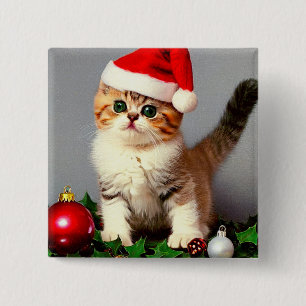 Vintage Kerstkitten in Santa Hat Vierkante Button 5,1 Cm