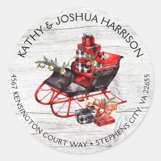 Vintage kerstkledij en verpakkingsadres ronde sticker (Voorkant)