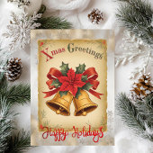 Vintage kerstklokken Poinsettia sneeuwvlokken Feestdagen Kaart