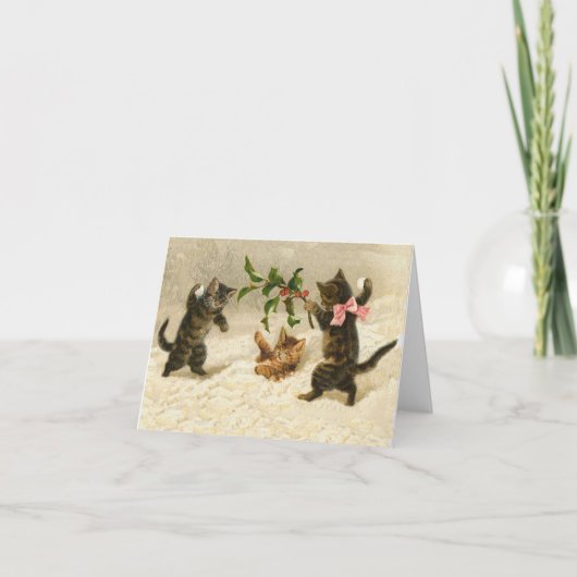 Vintage kerstkomiek kattensneeuwgevecht feestdagen kaart (Voorkant)