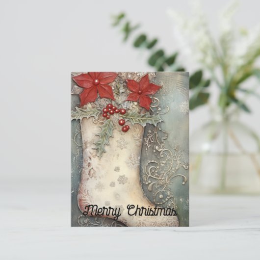 Vintage kerstkous Poinsettia Bloemen Briefkaart (Staand voorkant)