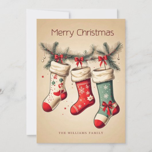Vintage kerstkousen op dennenbladeren vakantie feestdagenkaart (Voorkant)