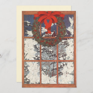 Vintage Kerstkrans in Venster Uitnodiging