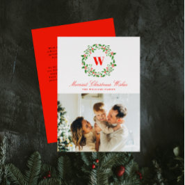 Vintage Kerstkrans Monogram Foto Feestdagenkaart