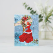 Vintage Kerstkrans rode glitter meisje sneeuw Briefkaart (Staand voorkant)