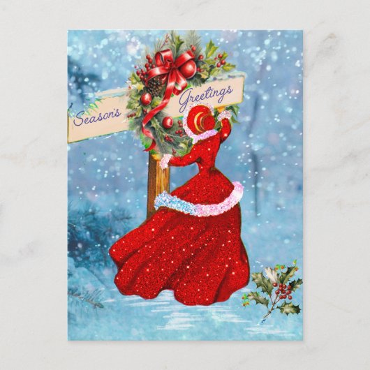 Vintage Kerstkrans rode glitter meisje sneeuw Briefkaart (Voorkant)