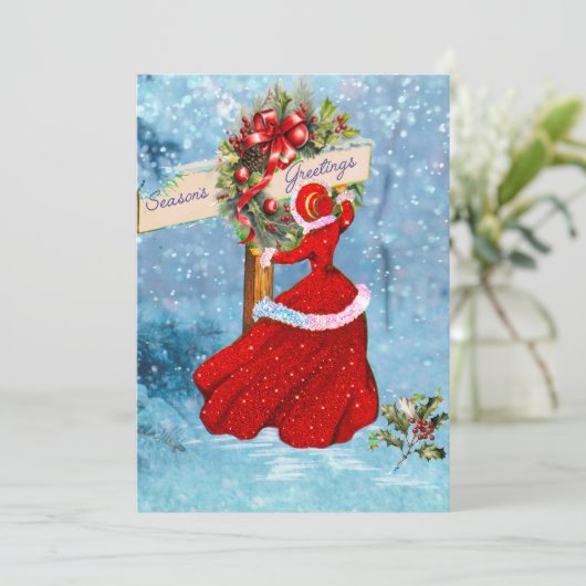 Vintage Kerstkrans rode glitter meisje vakantie (Staand voorkant)