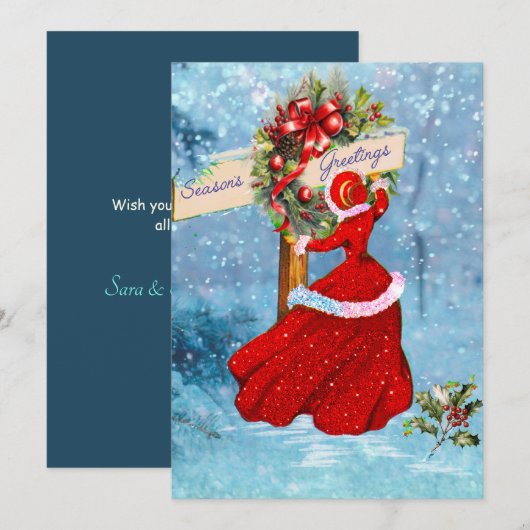 Vintage Kerstkrans rode glitter meisje vakantie (Voorkant / Achterkant)