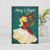 Vintage Kerstkrans rood goud glitter meisje Kaart (Staand voorkant)