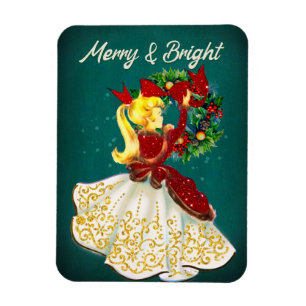 Vintage Kerstkrans rood goud glitter meisje Magneet
