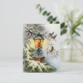 Vintage kerstlantaarn licht en vogels feestdagenkaart (Staand voorkant)