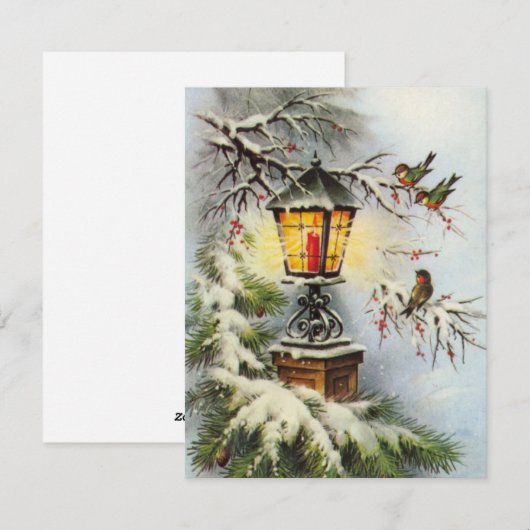 Vintage kerstlantaarn licht en vogels feestdagenkaart (Voorkant / Achterkant)