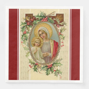 Vintage kerstmaagd Mary Baby Jesus Holly Ivy Servet