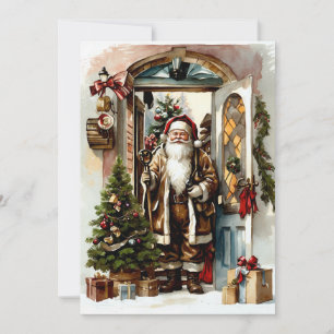 Vintage Kerstman aan de deur Feestdagenkaart