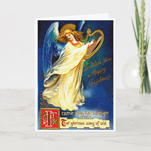Vintage Kerstman Angel met Harp Feestdagen Kaart