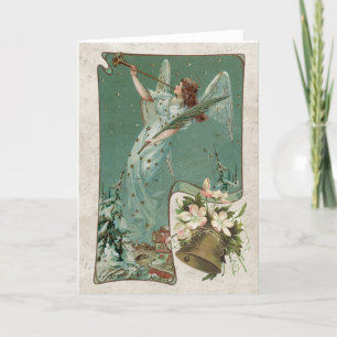 Vintage Kerstman Angel Music Bell Horn Blauwgroen Feestdagen Kaart