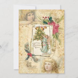 Vintage Kerstman Angels, Holly & Poinsettias Feestdagenkaart