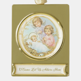 Vintage kerstman Baby Jesus met Angels Pastel Verguld Banner Ornament