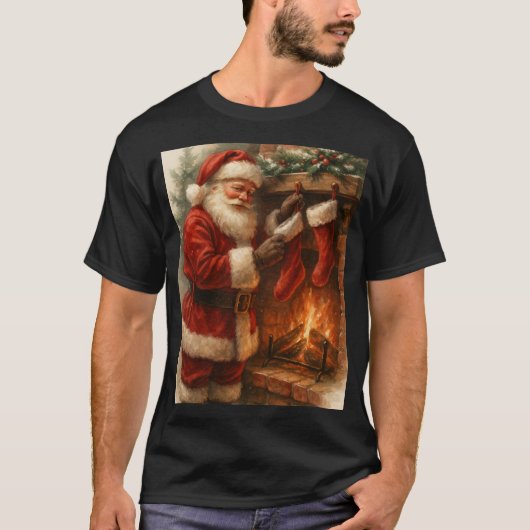 Vintage Kerstman bij de Haard Kerst T-Shirt – (Voorkant)