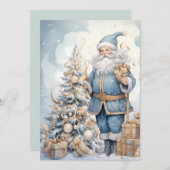 Vintage Kerstman Blauw Goud Feestdagenkaart (Voorkant / Achterkant)