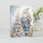 Vintage Kerstman Blauw Goud Feestdagenkaart (Staand voorkant)
