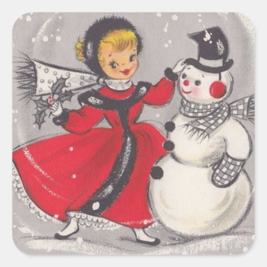 Vintage kerstman dansend met meisje vierkante sticker (Voorkant)