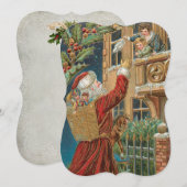 Vintage Kerstman die Cadeaus brengen Feestdagenkaart (Voorkant / Achterkant)