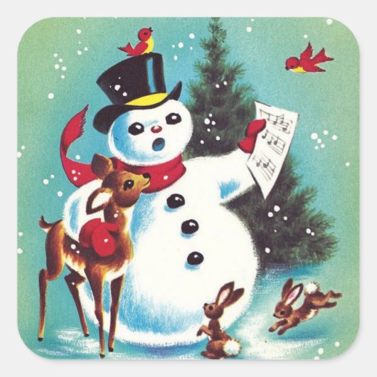 Vintage kerstman die met dieren speelt vierkante sticker (Voorkant)