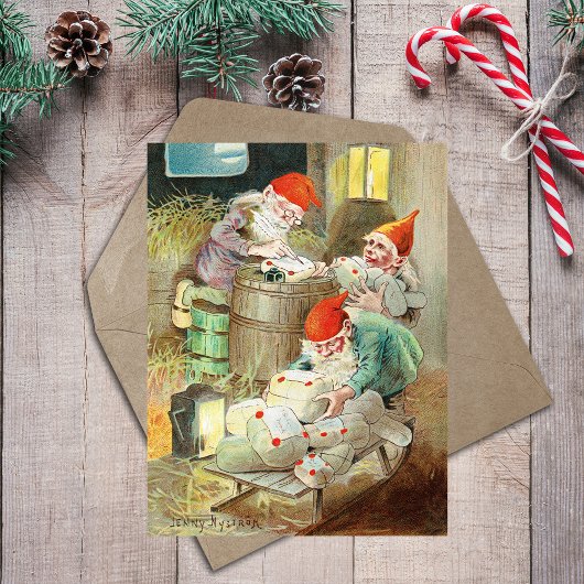 Vintage Kerstman Elf Gnoom geschenken Feestdagenkaart